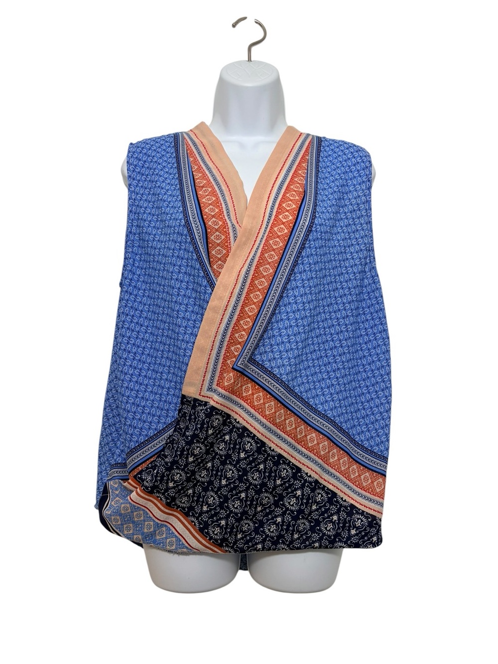 Liz Claiborne Snap Wrap Asymmetric Boho Sleeveless Top Vibrant Patchwork SzL - Picture 2 of 12